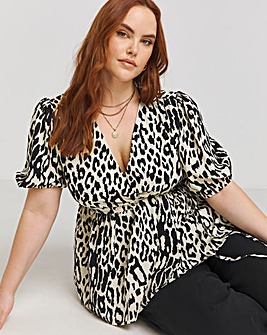 Lovedrobe Animal Print Puff Sleeve Wrap Front Top