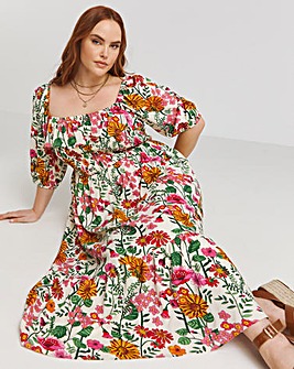 Lovedrobe Floral Shirred Puff Sleeve Midi Dress