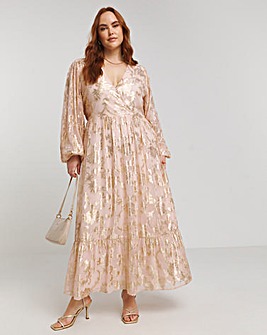 Lovedrobe Jaquard Foil Long Sleeve Wrap Front Midaxi Dress