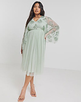 Maya Curve Cape Sleeve Embellished Midi Dress