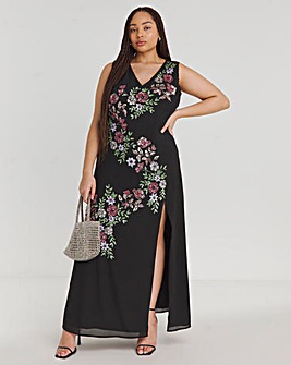 Maya Curve Floral Embellished Front Split Maxi Dress