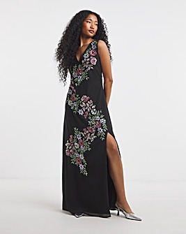 Maya Curve Floral Embellished Front Split Maxi Dress