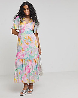 Twisted Wunder Pastel Flower Ciffon Frill Hem Maxi Dress