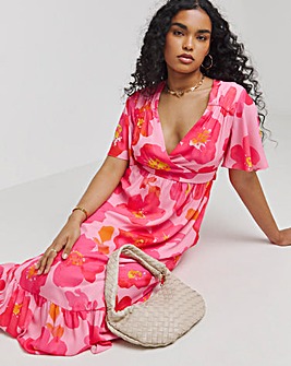 Twisted Wunder Pink Flower Chiffon Frill Hem Maxi Dress