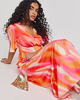 Twisted Wunder Pink V-Neck Satin Flutter Sleeve Maxi Dress