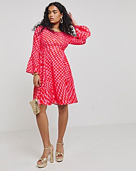 Twisted Wunder Pink Flower Check Flared Sleeve Mini Dress