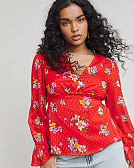 Twisted Wunder Red Floral Dobby Chiffon Frill Sleeve Blouse