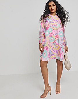 Twisted Wunder Pink Swirl Chiffon Flare Sleeve Shift Mini Dress