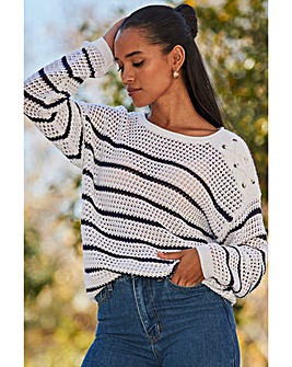 Sosandar White & Navy Blue Stripe Crochet Jumper