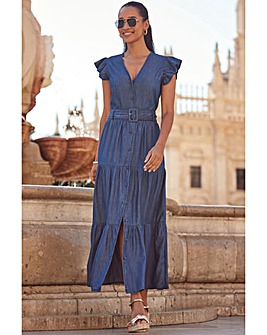 Sosandar Indigo Blue Ruffle Sleeve Tiered Hem Midi Dress