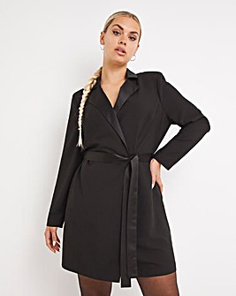 Black Satin Detail Tie Waist Blazer Dress