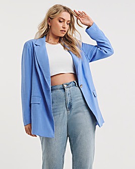 Blue Single Breasted Linen Look Blazer