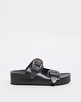 Mae Leather Western Buckle Cushioned Sandals Ex Wide Fit