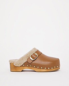 Modena Leather Fur Lined Wooden Clogs Wide Fit
