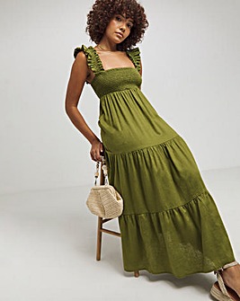 Nobody's Child Khaki Green Linen-blend Maya Maxi Dress