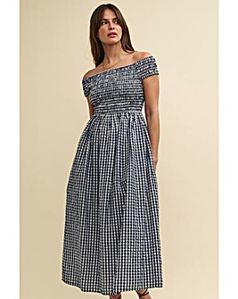 Nobody's Child Navy Gingham Check Bardot Amanda Midaxi Dress