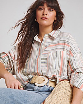 Native Youth Multi Stripe Oversized Linen Mix Long Sleeve Shirt