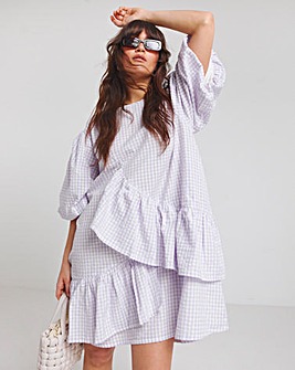 Native Youth Lilac Gingham Asymmetric Ruffle Detail Mini Dress