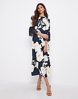 Joanna Hope Printed Lace Sleeve Midi Dress