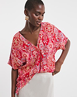 Printed Crinkle Popover Top