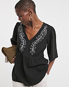 Embroidered Cheesecloth V Neck Short Sleeve Smock Top