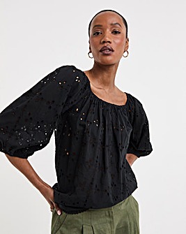 Pure Cotton Broderie Elasticated Neckline Top