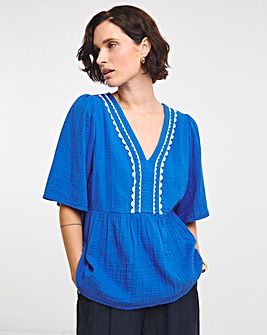 Trim Detail Pure Cotton Textured Short Sleeve Smock Top