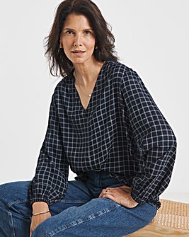 Twill Button Through Grid Check Blouse