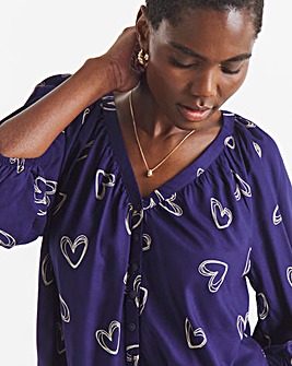 Navy Heart Collarless Button Through Blouse