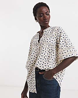 Printed Pure Cotton Seersucker Trim Short Sleeve Blouse