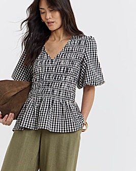 Shirred Gingham V Neck Peplum Blousey