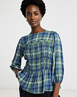 Shirred Round Neck Three Quarter Sleeve Blouse