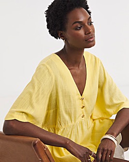 Linen Mix Scallop Hem Button Detail Top