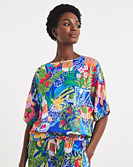 Linen Mix Border Print Boxy Top