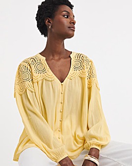 Broderie Trim Long Sleeve Blouse