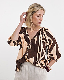 Aztec Print Collarless Button Through Blouse