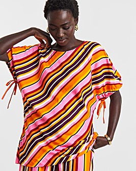 Printed Linen Mix Elasticated Cuff Boxy Top