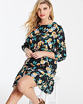 Multi Floral Wrap Fluted Sleeve Dress