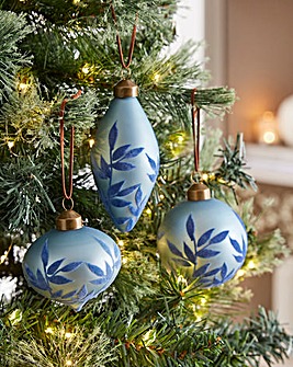 Flocked Leaf Glass Baubles - Set of 6