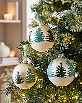 White Glass Baubles With Green Trees - Set of 6