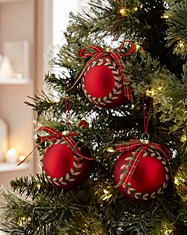 Wreath and Tartan Bow Baubles - Set of 3