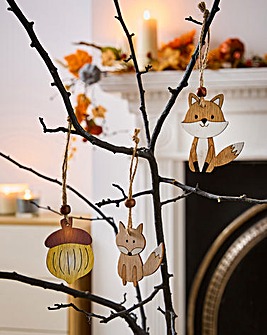 Wooden Fox & Acorn Hanging Ornaments - Set of 12