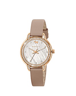 Radley Rose Gold Plated Mother of Pearl Cobweb Pink Leather Strap Watch
