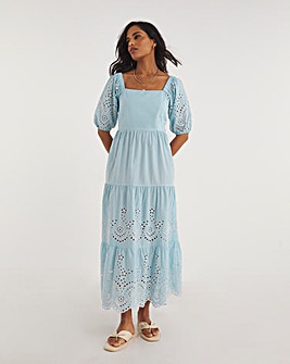 Broderie Tiered Dress With Puff Sleeves