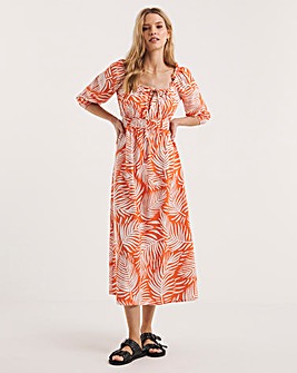 Linen Mix Sun Dress With Puff Sleeves