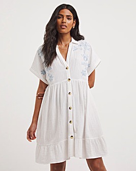 Cheesecloth Butto Through Relaxed Smock Dress With Embroidery