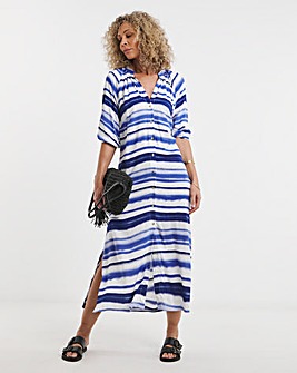 Tie Dye Kaftan Button Through Shirt Dress With Side Slits