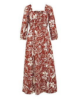 Linen Mixed Sundress With Puff Sleeves
