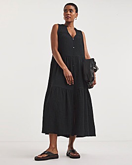 Textured Jersey Smock Dress With Tie Neck