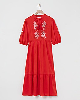 Linen Mix Embroidered Midi Dress With Tassel Neck Tie